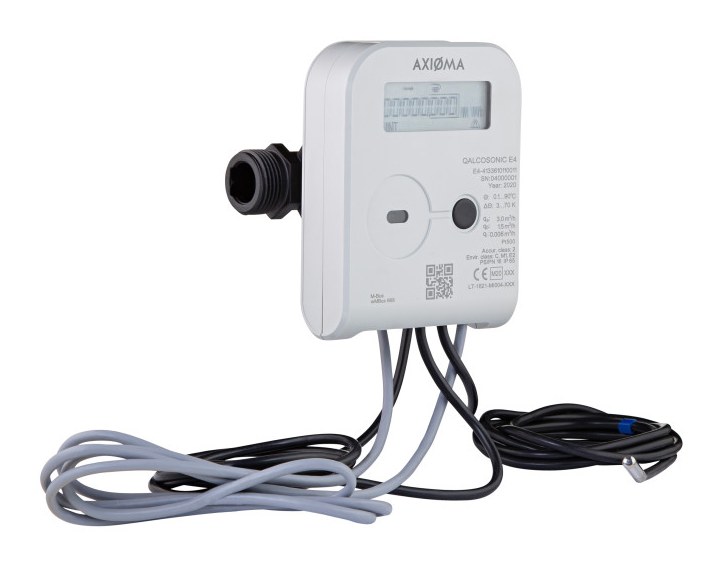 Axioma Qalcosonic E4 three-quarter view showing the threaded flow connections
