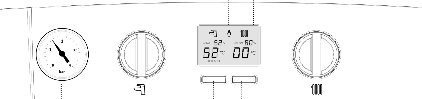 Ideal Logic 2 control panel. The right-hand radiator knob is heating.