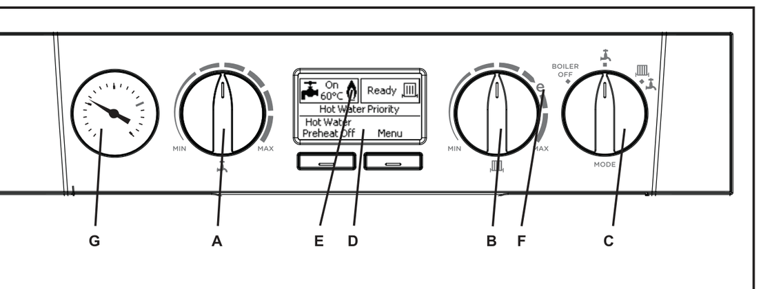 Ideal Logic Max control panel. The MIN–MAX knob right of the screen is heating.