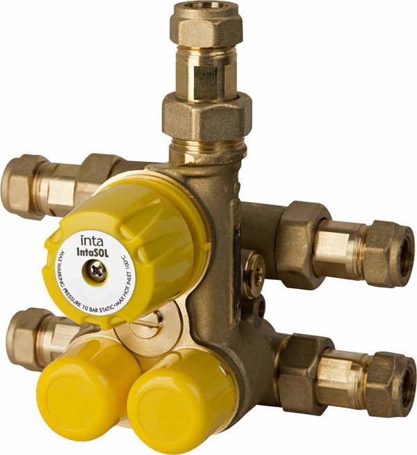 Intasol combi diverter valve, a brass valve body with a black actuator head and compression connections