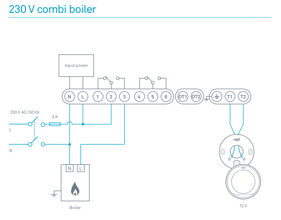 Wiring diagram: Heat Link L and N to boiler mains, terminal 2 common, terminal 3 to boiler switched live